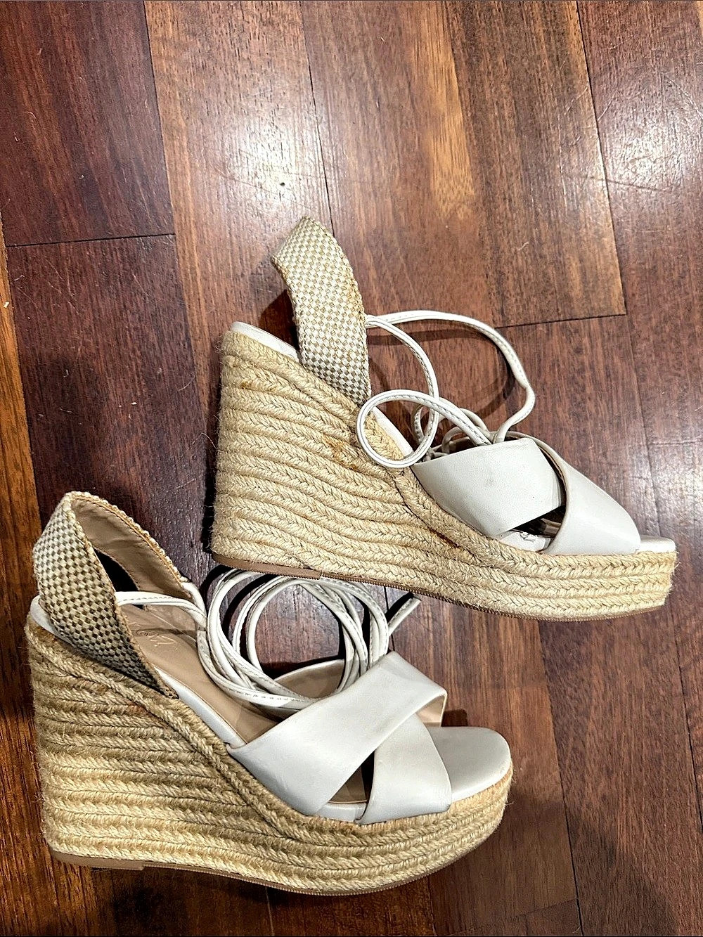 Y-Not  Espadrille Wedge Sandals in White & Beige